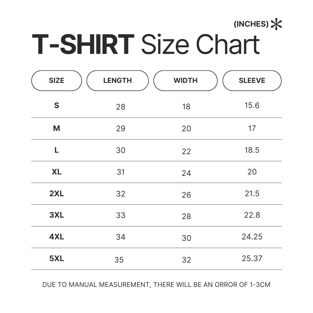 T shirt Size Chart - Out Of Character Shop
